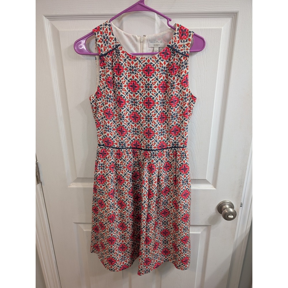 J.Crew Silk Medallion Print‎ Dress Womens Red Blue Sleeveless Lined - Size 2